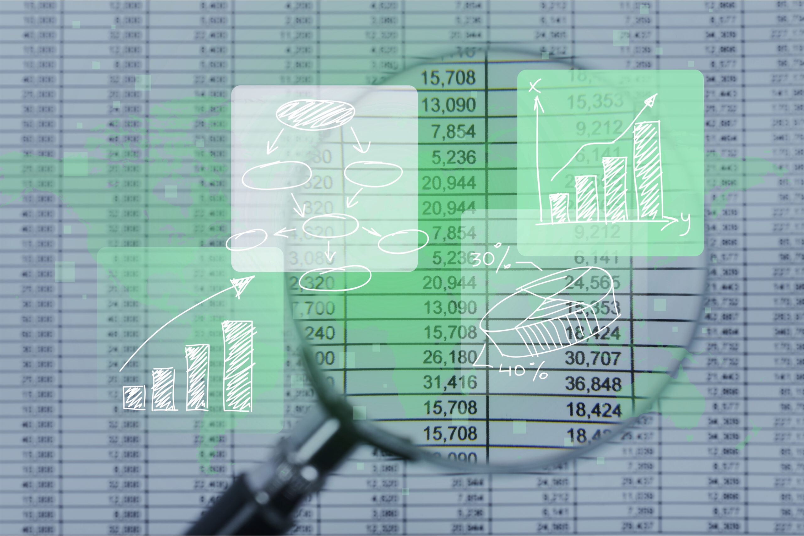 Spreadsheet bank accounts accounting with calculator and magnifying glass